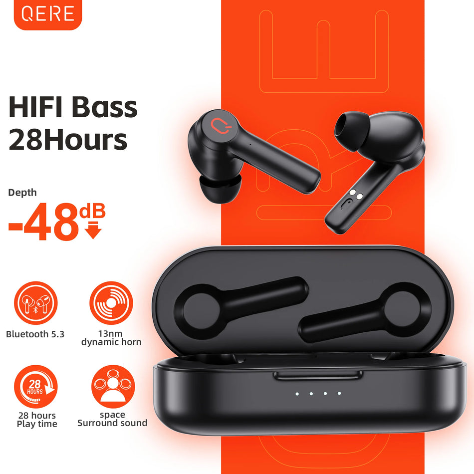 QERE E20 TWS Wireless Headphones Bluetooth 5.3 HD Microphone 13mm Driver 68ms Low Latency 4 Mics ENC Call In-ear Earphones