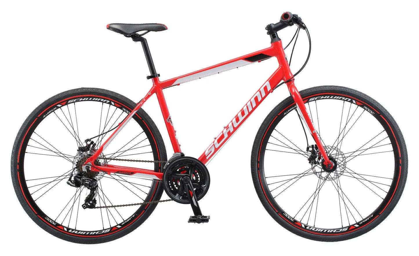 Schwinn Kempo Hybrid Bike 700c Wheels 21 Speeds Mens Frame Red Hybrid durable enough to handle rough roads Light enough to ride fast