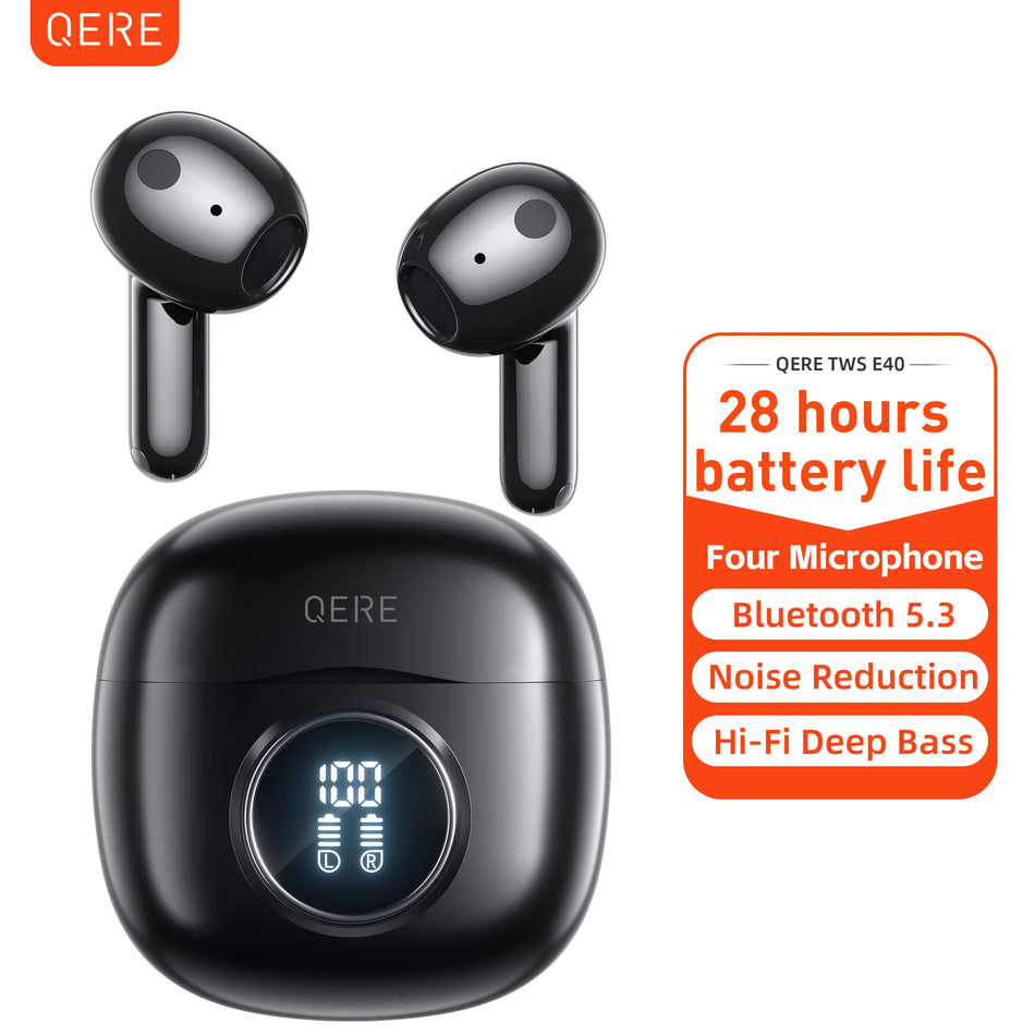 QERE-E40 Bluetooth 5.3 Wireless Headphones TWS HD Microphone 13mm Driver 60ms Low Latency 4 Mics ENC Call In-ear Earphones