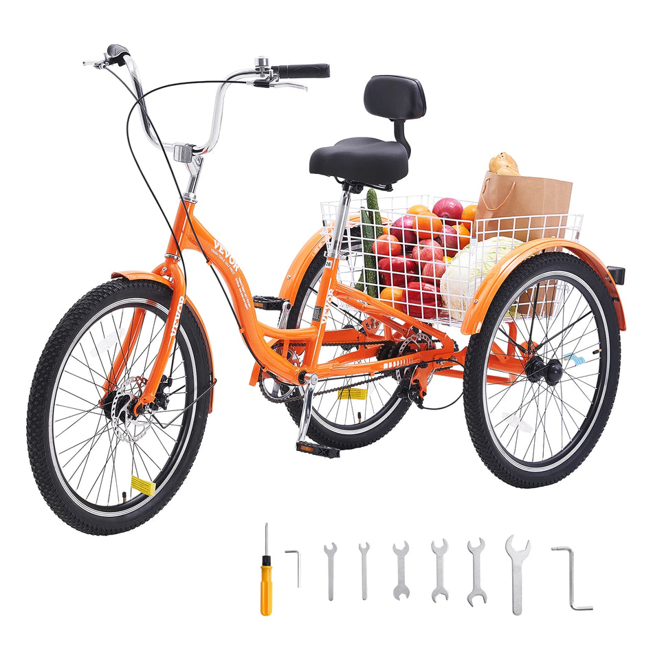 SucceBuy Adult 3-Wheel Tricycle Bicycle with Basket Adjustable Seat Orange Aluminum Alloy Cruiser Bike for Picnic Shopping Seniors Men Women