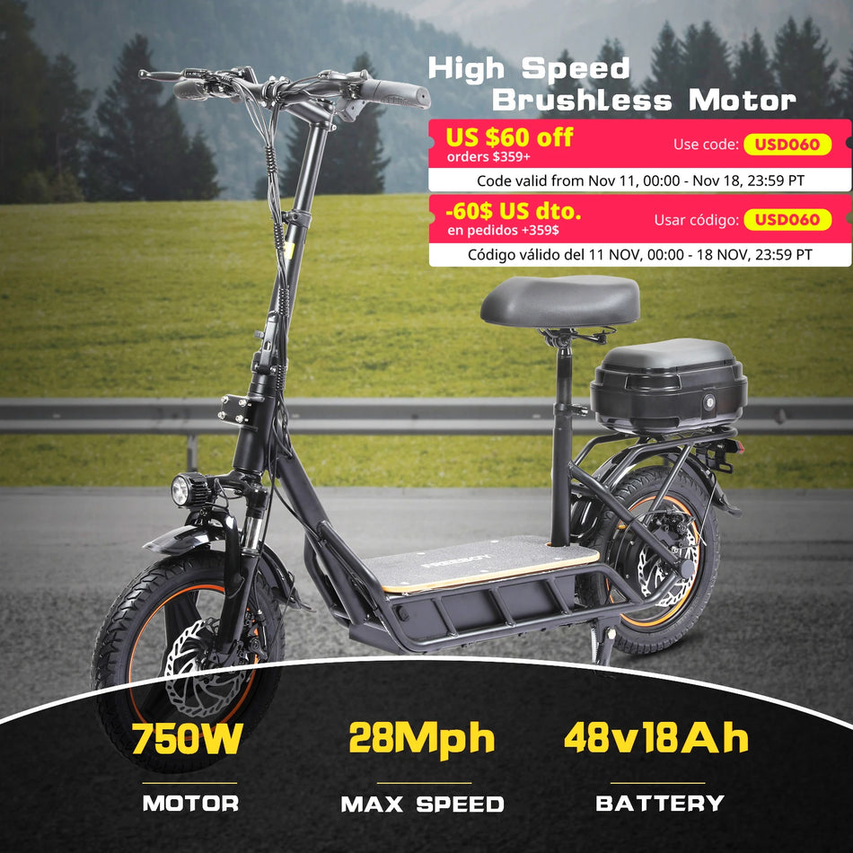 FREEBOY Electric Scooter with Seat for Adults, 750W Motor Power, 48V 18Ah Battery, Load 330Lbs, Commuter Scooter with Storage Box