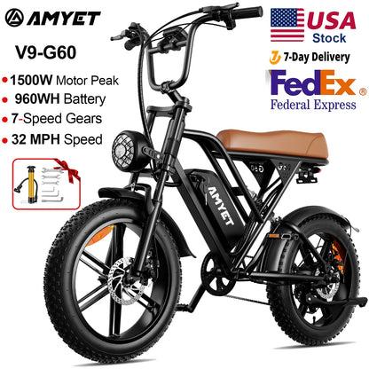 AMYET V9-G60 Adults Electric Bike 1000W Motor Bicycle 48V 20AH 20“ Tire Ebike Electric E Bikes Mountain Moped Ebikes For Men