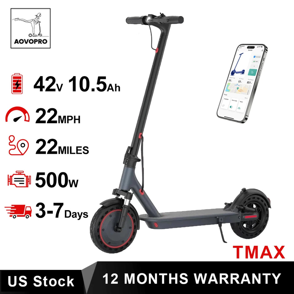 AOVOPRO TMAX 10inch Electric Scooter 500W 22MPH Unisex APP Smart Foldable Scooter with Dual Hydraulic Shock Absorption And Anti-Skid Tires