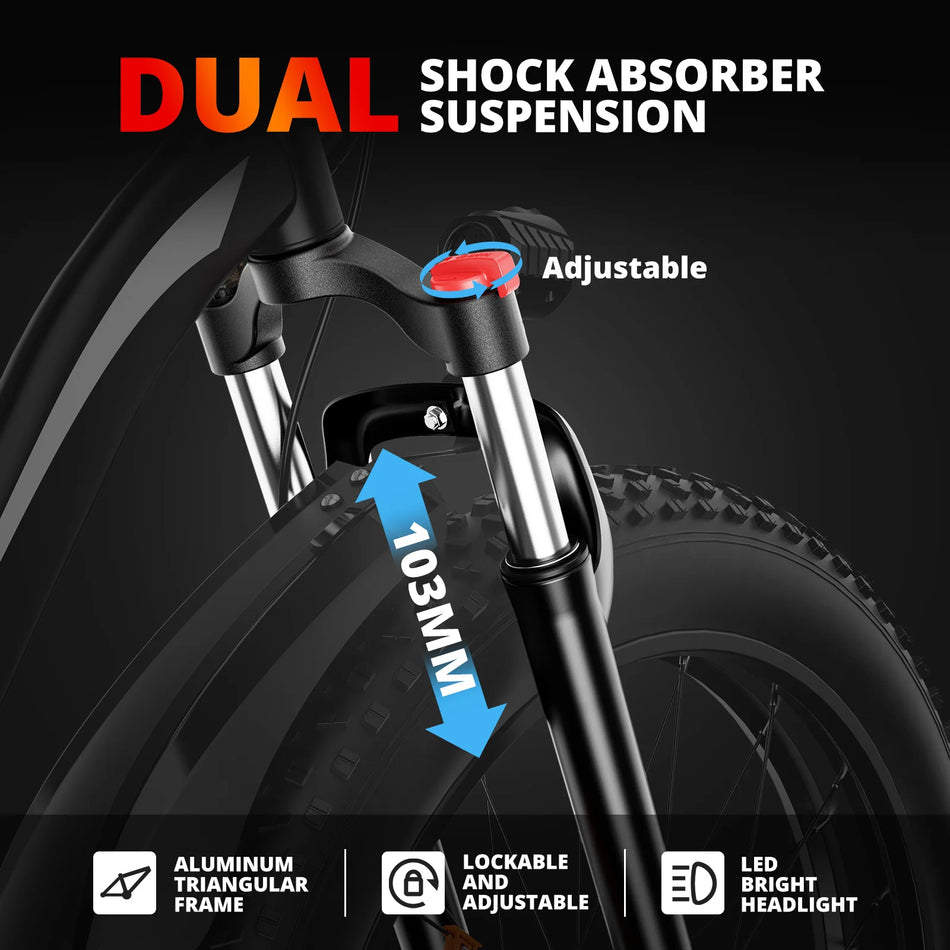 AMYET EB26 1000W Electric Fat Tire Mountain Bike – 48V 15Ah LG Battery, Dual Suspension & 28 MPH
