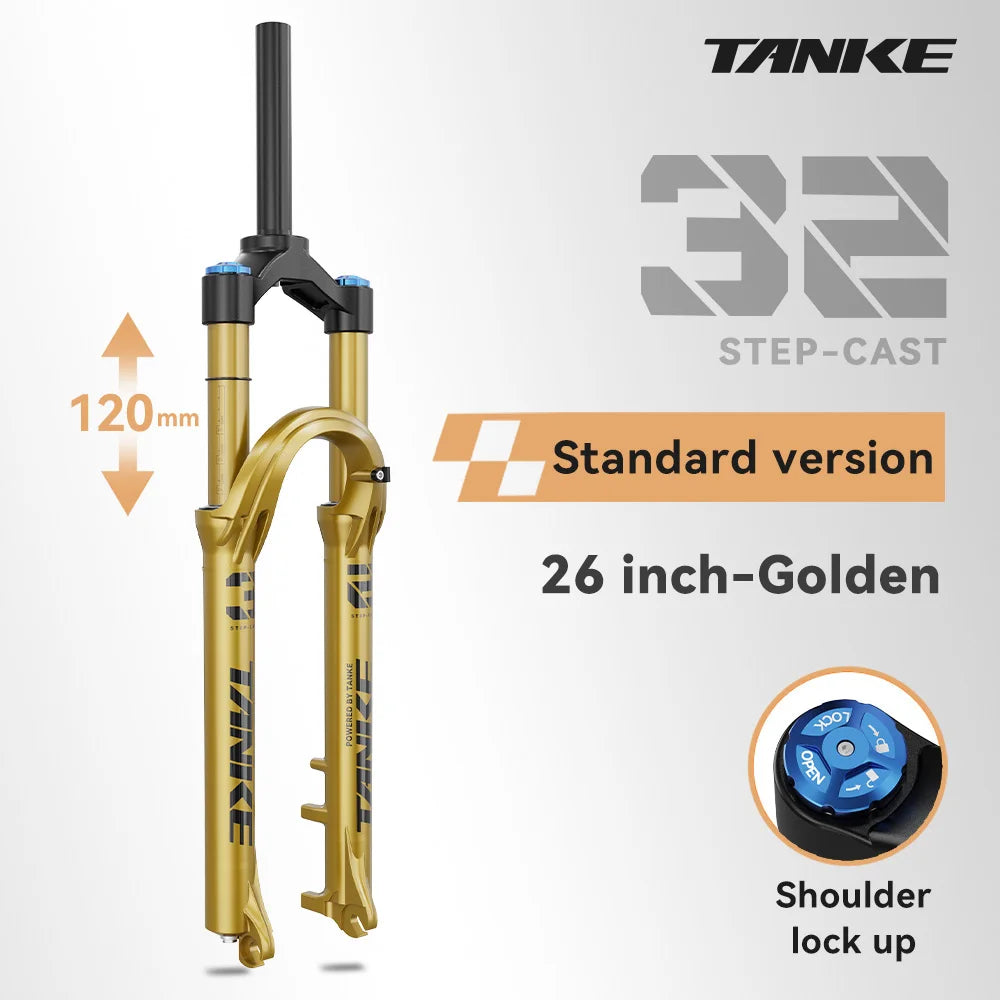 TANKE MTB Air Suspension Fork 120mm – Rebound Adjustable Quick Release - 26 Golden Manual - Suspension Fork