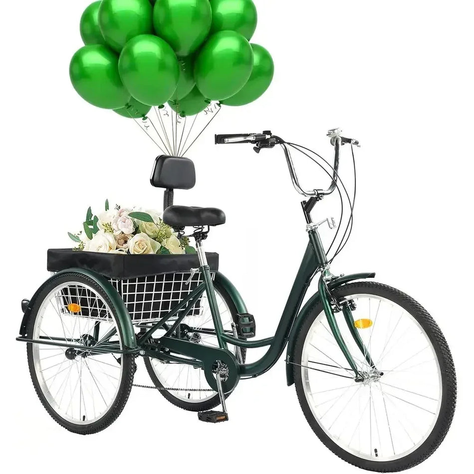 24"/26" Adult 7-Speed Three-Wheel Tricycle with Basket & Backrest