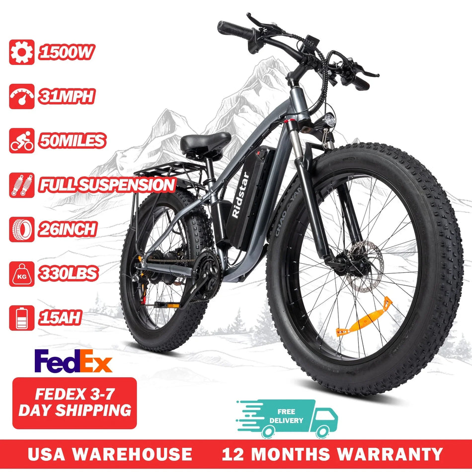 Ridstar 1500W Electric Fat Tire Bike – 26" Off-Road E-Bike with 48V 15Ah Battery