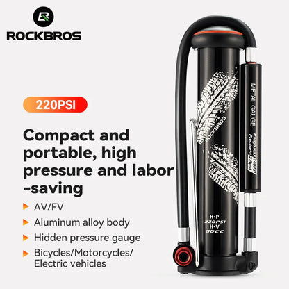 ROCKBROS Bicycle Pump 220PSI Mini Hand Air Pump Tire Inflator Schrader/Presta Portable AV/FV MTB Bike Road Bike