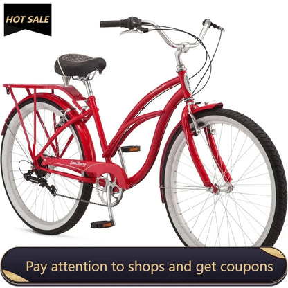 Schwinn Sanctuary 7 Comfort Beach Cruiser Bike for Adult Women Men, 7-Speed Drivetrain in Retro-Styled Steel Step-Through or Step-Over Frame, 26-Inch Wheels, With Front & Rear Fenders, Rear Cargo Rack