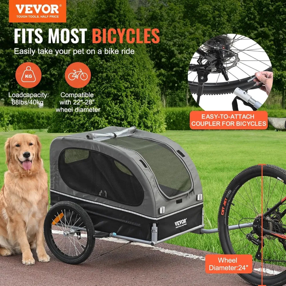 VEVOR Pet Bike Trailer Dog Cart Bicycle Carrier Easy Folding Frame Quick Release Wheels Supports up to 100 Lbs Black/Gray