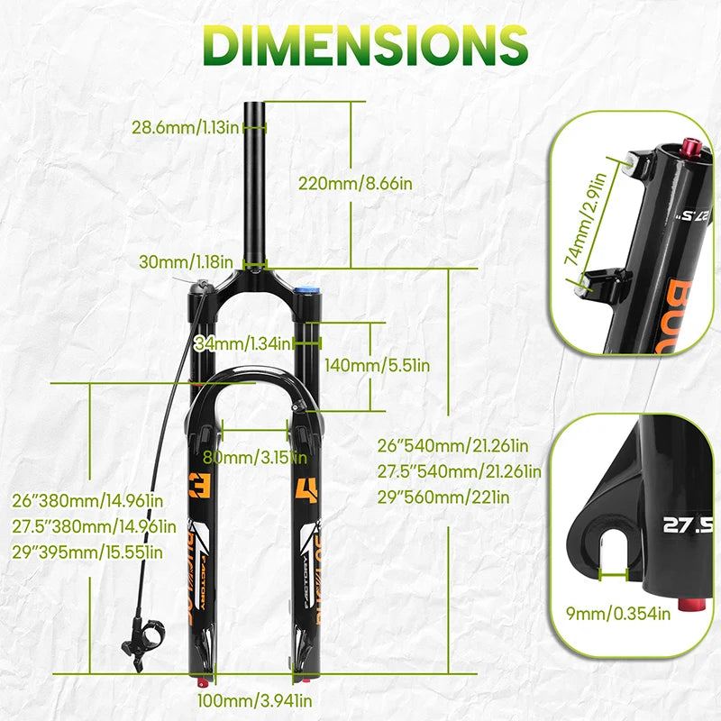 BUCKLOS MTB Air Suspension Fork 140mm Travel 26/27.5/29’’ Front Fork 34mm Tube 9x100mm Quick Release