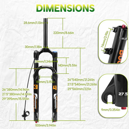 BUCKLOS MTB Air Suspension Fork 140mm Travel 26/27.5/29’’ Front Fork 34mm Tube 9x100mm Quick Release