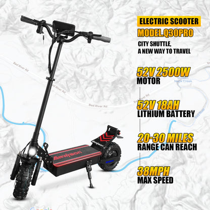 AIDOCHE Q30PRO Electric Scooter 2500W/52V/18AH Battery, 11Inch off-road Tires,  60-80KM Long Range Folding Electric Scooter for Adults