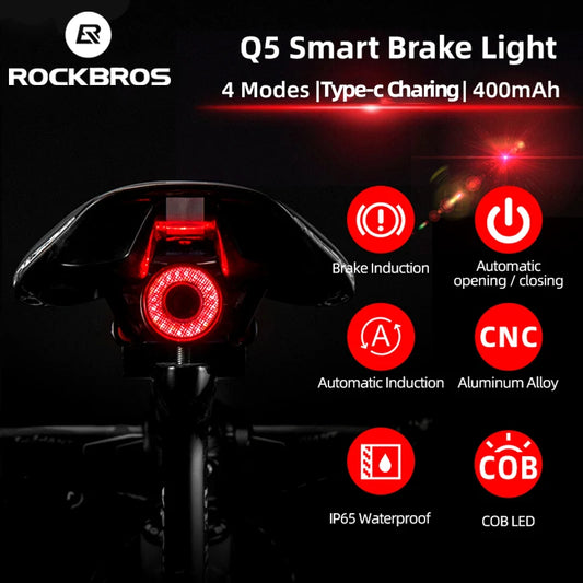 ROCKBROS TL907Q50 Bicycle Smart Auto Brake Sensing Light IPx6 Waterproof LED Charging Cycling Taillight Bike Rear Light Q5