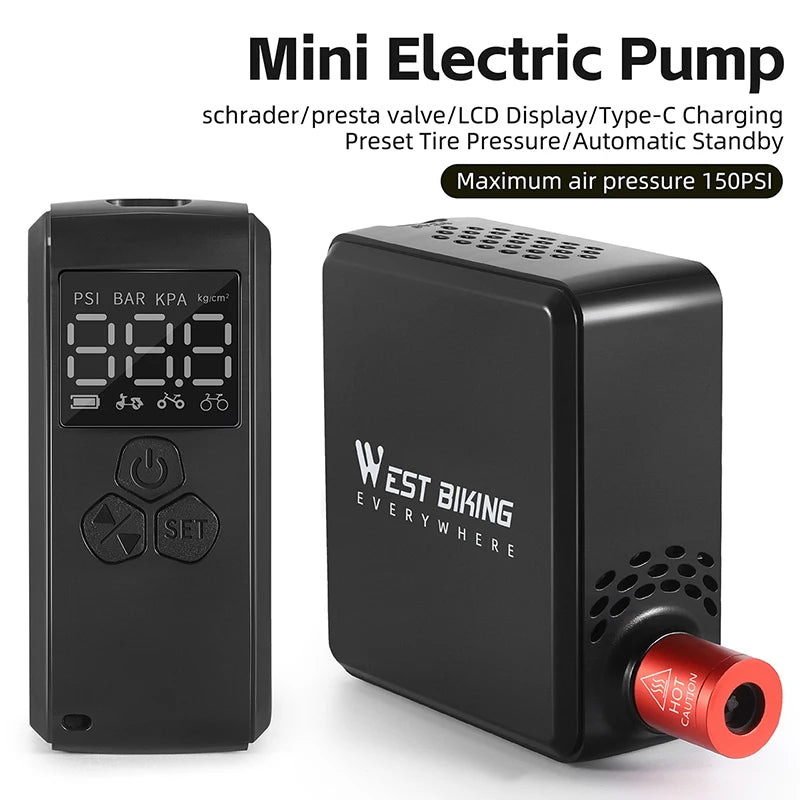 WEST BIKING Mini Electric Bike Pump 150PSI Powerful Air Compressor, Pressure Display, MTB Road Bike Tire Inflator