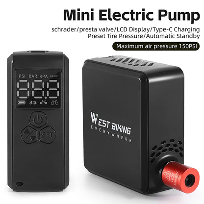 WEST BIKING Mini Electric Bike Pump 150PSI Powerful Air Compressor, Pressure Display, MTB Road Bike Tire Inflator