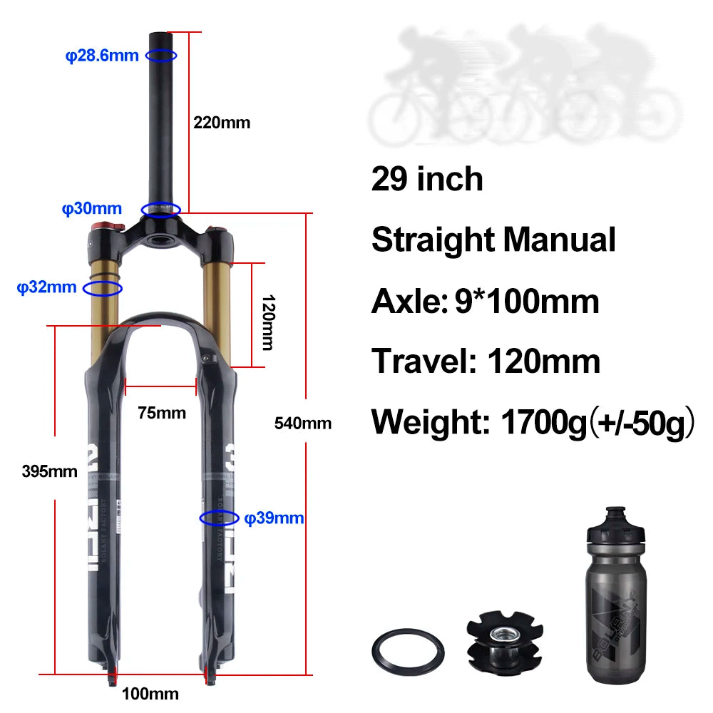 BOLANY MTB Air & Oil Suspension Fork 120mm Travel 26/27.5/29’’ Quick Release Front Fork Remote Adjust - 29 Straight