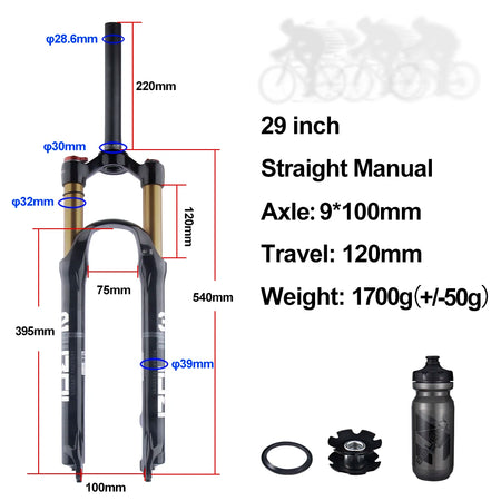 BOLANY MTB Air & Oil Suspension Fork 120mm Travel 26/27.5/29’’ Quick Release Front Fork Remote Adjust - 29 Straight