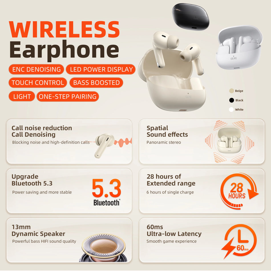 QERE E38 TWS Wireless Headphones Bluetooth 5.3 HD Microphone 13mm Driver 60ms Low Latency 4 Mics ENC Call In-Ear HiFi Earphones