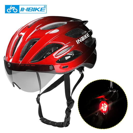 INBIKE Ultralight MTB Bicycle Helmet for Men & Women with Integrated Taillight Safety Hat Adult Cycling Gear Grey Red Blue