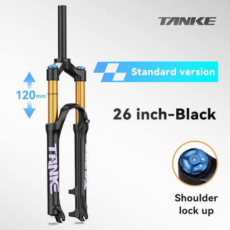TANKE MTB Air Front Suspension Fork Rebound Adjustable 26/27.5/29’’ Quick Release 120mm Travel Bicycle Fork - 26 QR