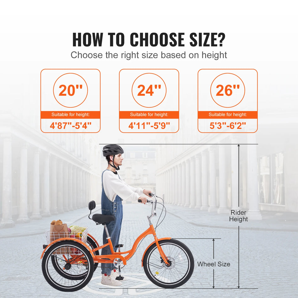 SucceBuy Adult 3-Wheel Tricycle Bicycle with Basket Adjustable Seat Orange Aluminum Alloy Cruiser Bike for Picnic Shopping Seniors Men Women
