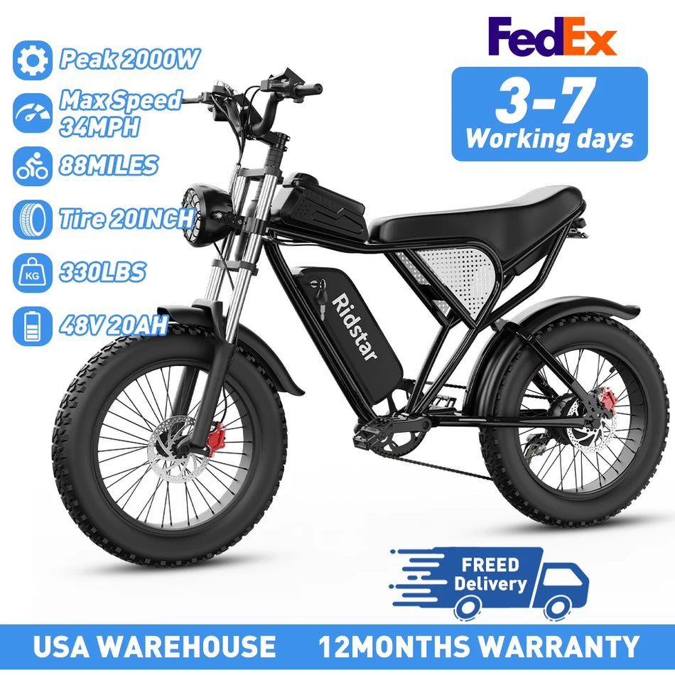 RIDSTAR 2000W Electric Bike for Adults – 20" Fat Tire E-Bike with 48V 20Ah Battery, 33 MPH