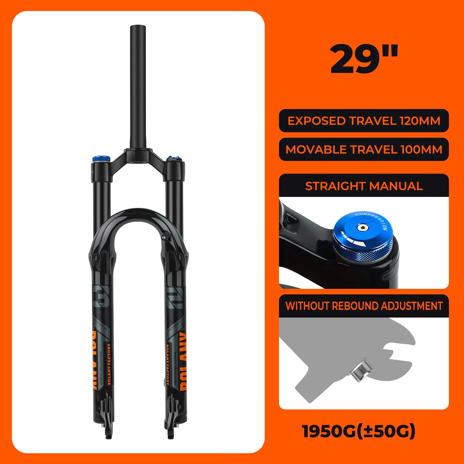 BOLANY MTB Air Suspension Fork 120mm Travel 27.5/29’’ Lightweight Magnesium Alloy Quick Release Front Fork - 29 M Black