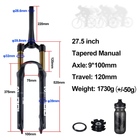 BOLANY MTB Air & Oil Suspension Fork 120mm Travel 26/27.5/29’’ Quick Release Front Fork Remote Adjust - 27 Tapered