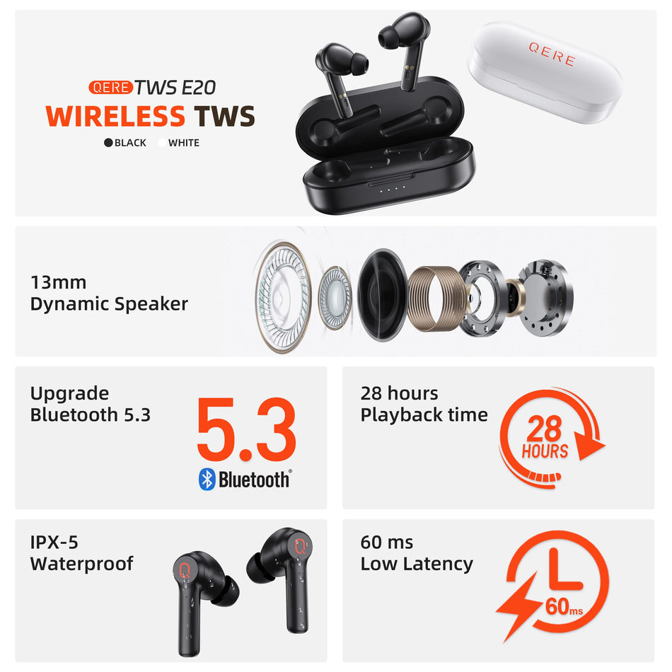 QERE E20 TWS Wireless Headphones Bluetooth 5.3 HD Microphone 13mm Driver 68ms Low Latency 4 Mics ENC Call In-ear Earphones