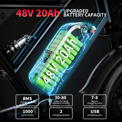 AMYET V9-G60 Adults Electric Bike 1000W Motor Bicycle 48V 20AH 20“ Tire Ebike Electric E Bikes Mountain Moped Ebikes For Men