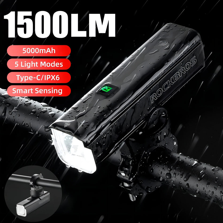 ROCKBROS RHL1500 Aluminum LED Bike Light 1500LM5000mAh Type-C Bicycle Light Temperature Control Front Lamp Cycling Headlight