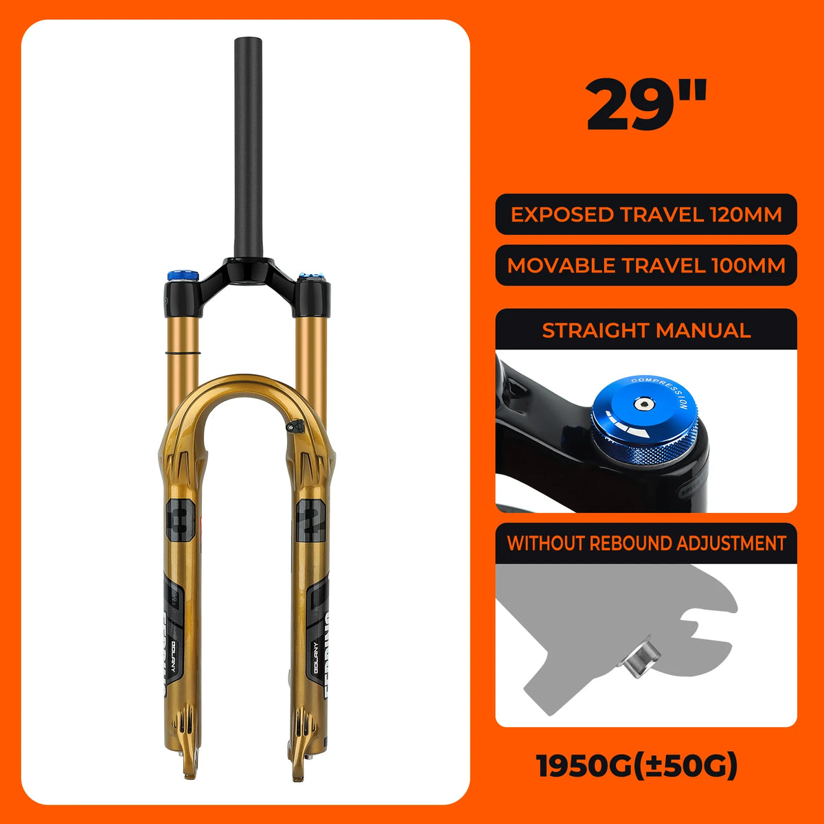 BOLANY MTB Air Suspension Fork 120mm Travel 27.5/29’’ Lightweight Magnesium Alloy Quick Release Front Fork - 29 Manual