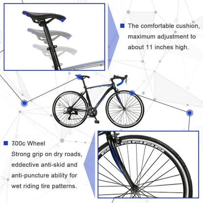 Road Bike 21 Speed/54 Inches with Light Aluminum Alloy Frame, 700C Wheelwith Dual Disc / V Brakes, Adult Racing Bike