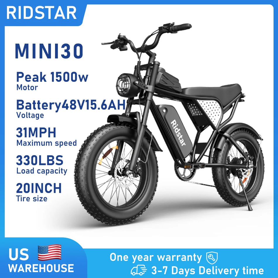Ridstar MINI30 1500W Electric Bike – 20x4" Fat Tire 31 MPH Adult E-Bike