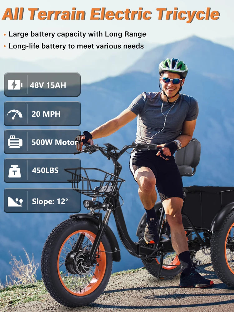 Broobey Adult Electric Tricycle 500W Brushless Motor Foldable Large Cargo Basket Li-ion Battery LED Display 7 Speeds Adjustable UTV