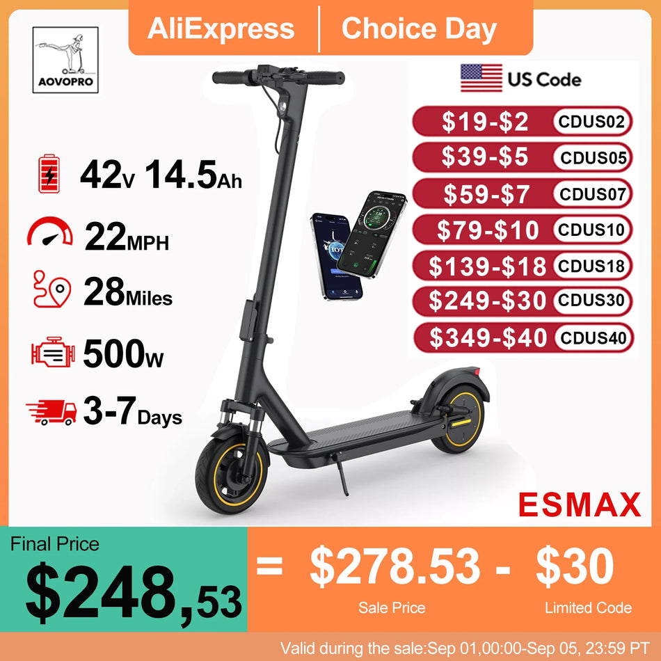 AOVOPRO ESMAX 500W Electric Scooter 35km/h Smart APP Control Shock-Absorbing Anti-Skid Unisex Folding Scooter with 40-60km Range