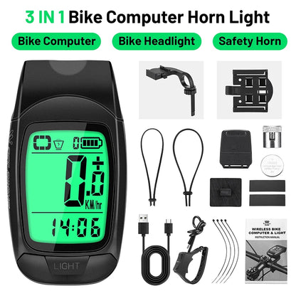 WEST BIKING Wireless Bicycle Computer LED Light Horn 3 In 1 Versatile Bike Odometer USB Rechargeable Waterproof Speedometer