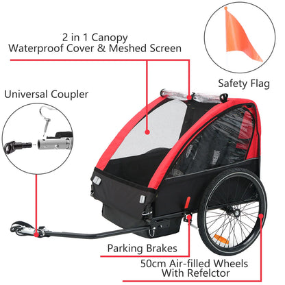 Fiximaster Bike Baby Trailer 1 or 2 12+ Months Kids Quick Attach to Bike with 5-Point Harness and Storage Bags 2 Wheels Riding Trailer