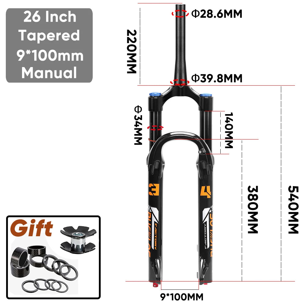 BUCKLOS MTB Air Suspension Fork 140mm Travel 26/27.5/29’’ Front Fork 34mm Tube 9x100mm Quick Release - Manual-Tapered-26
