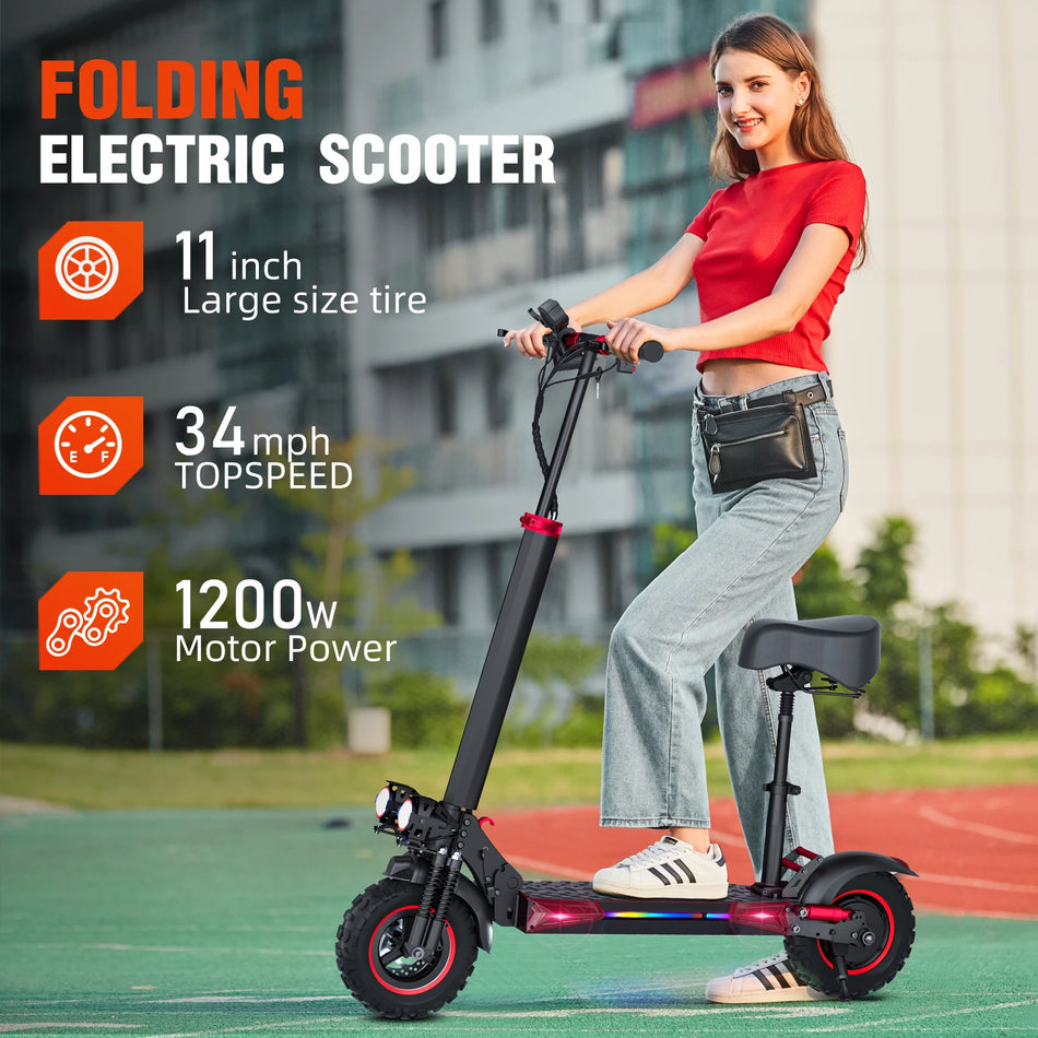 J11MAX 1200W Electric Scooter 48V18AH Lithium Battery Off-Road Tires 34MPH Dual Suspension Folding City Commute Scooter w/Seat