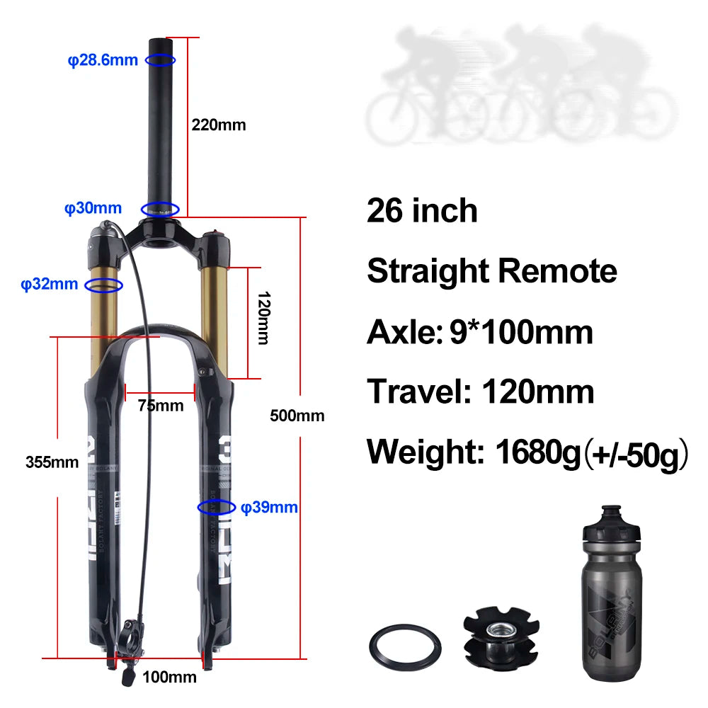 BOLANY MTB Air & Oil Suspension Fork 120mm Travel 26/27.5/29’’ Quick Release Front Fork Remote Adjust - 26 Straight