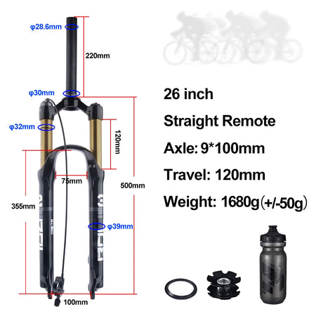 BOLANY MTB Air & Oil Suspension Fork 120mm Travel 26/27.5/29’’ Quick Release Front Fork Remote Adjust - 26 Straight