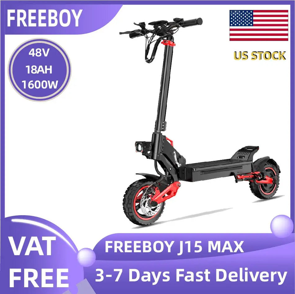 FREEBOY J15 MAX Electric Scooter 1600W 48V 18Ah 10" Fat Tire Folding E-Scooter