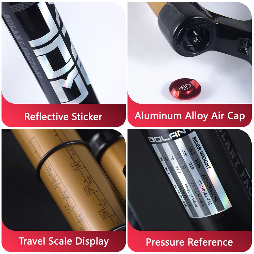BOLANY MTB Air & Oil Suspension Fork 120mm Travel 26/27.5/29’’ Quick Release Front Fork Remote Adjust - Suspension Forks