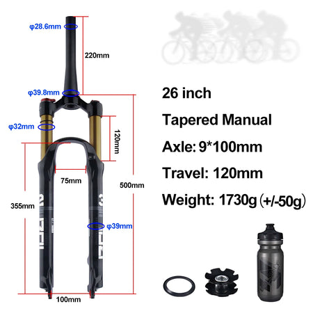 BOLANY MTB Air & Oil Suspension Fork 120mm Travel 26/27.5/29’’ Quick Release Front Fork Remote Adjust - 26 Tapered
