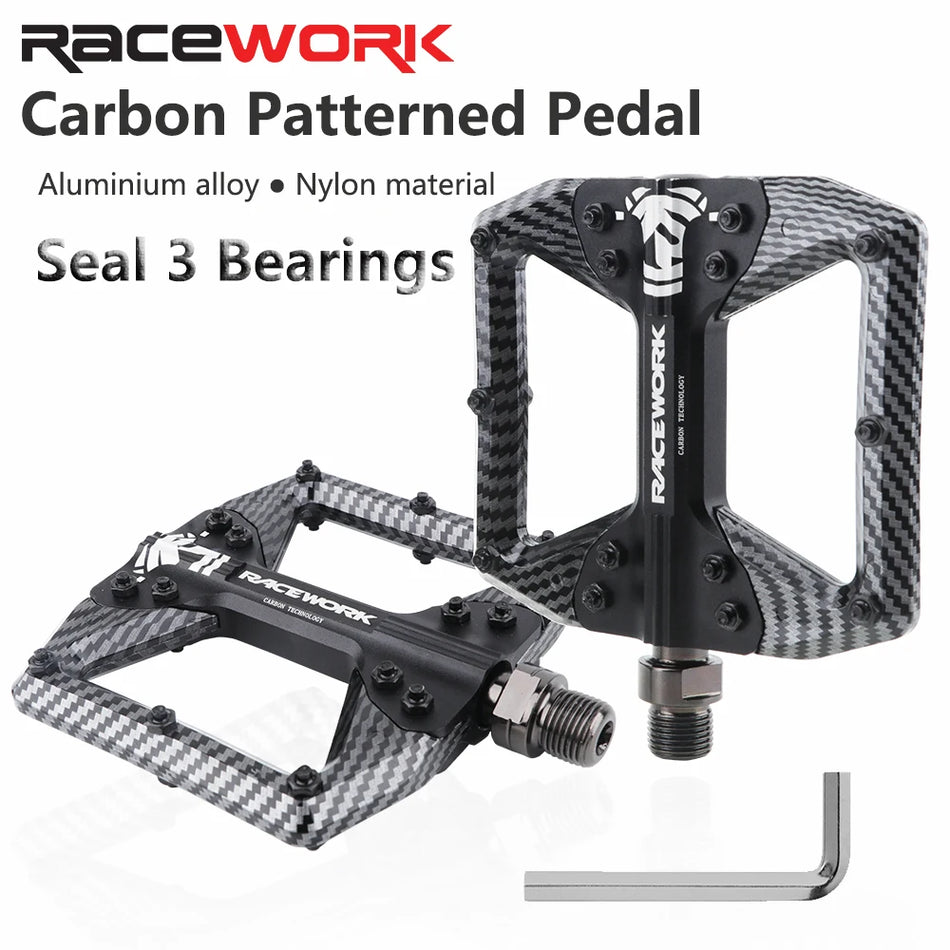RACEWORK Bicycle Pedals 3 Bearings Mountain Road Bike Carbon Fiber Coating Ultralight Flat Pedal