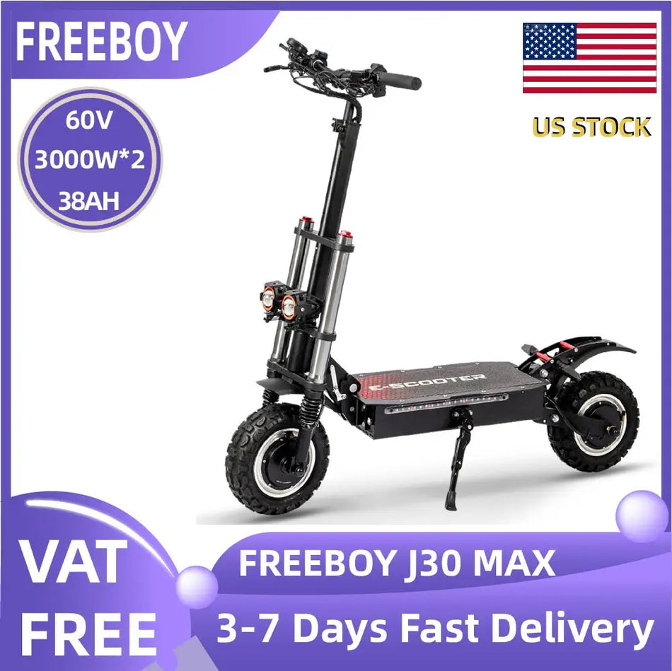 FREEBOY J30 MAX Electric Scooter Dual 3000W Motors 60V 38Ah 11" Fat Tire Folding E-Scooter