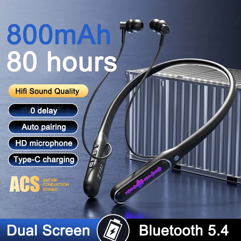 EARDECO Dual Screen Neckband Bluetooth 5.3 Headphones Bass 5.4 Wireless Sport Earphones Waterproof Dustproof with Mic Outdoor 80h Battery
