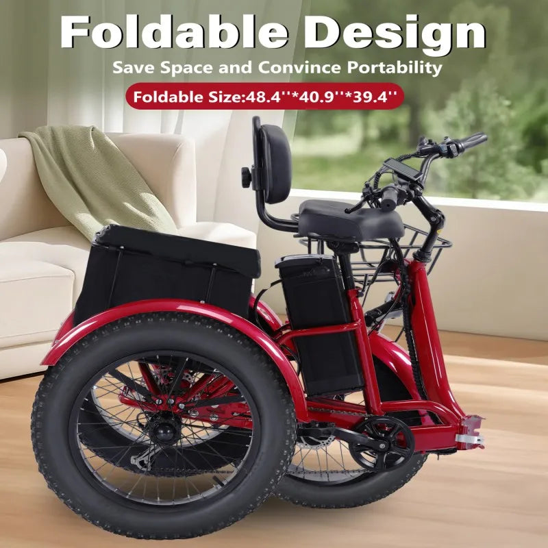 Broobey 48V500W Electric Tricycle for Adults Brushless Motor Folding Ebike with Large Basket Lithium Battery Adult Trike
